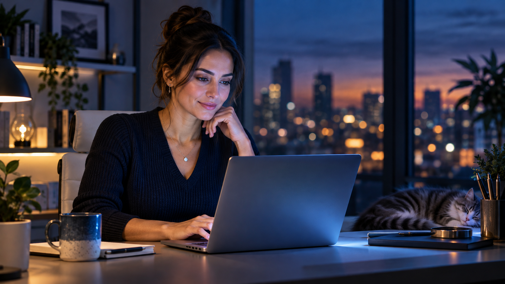 Woman using a Windows laptop in a modern home office at dusk