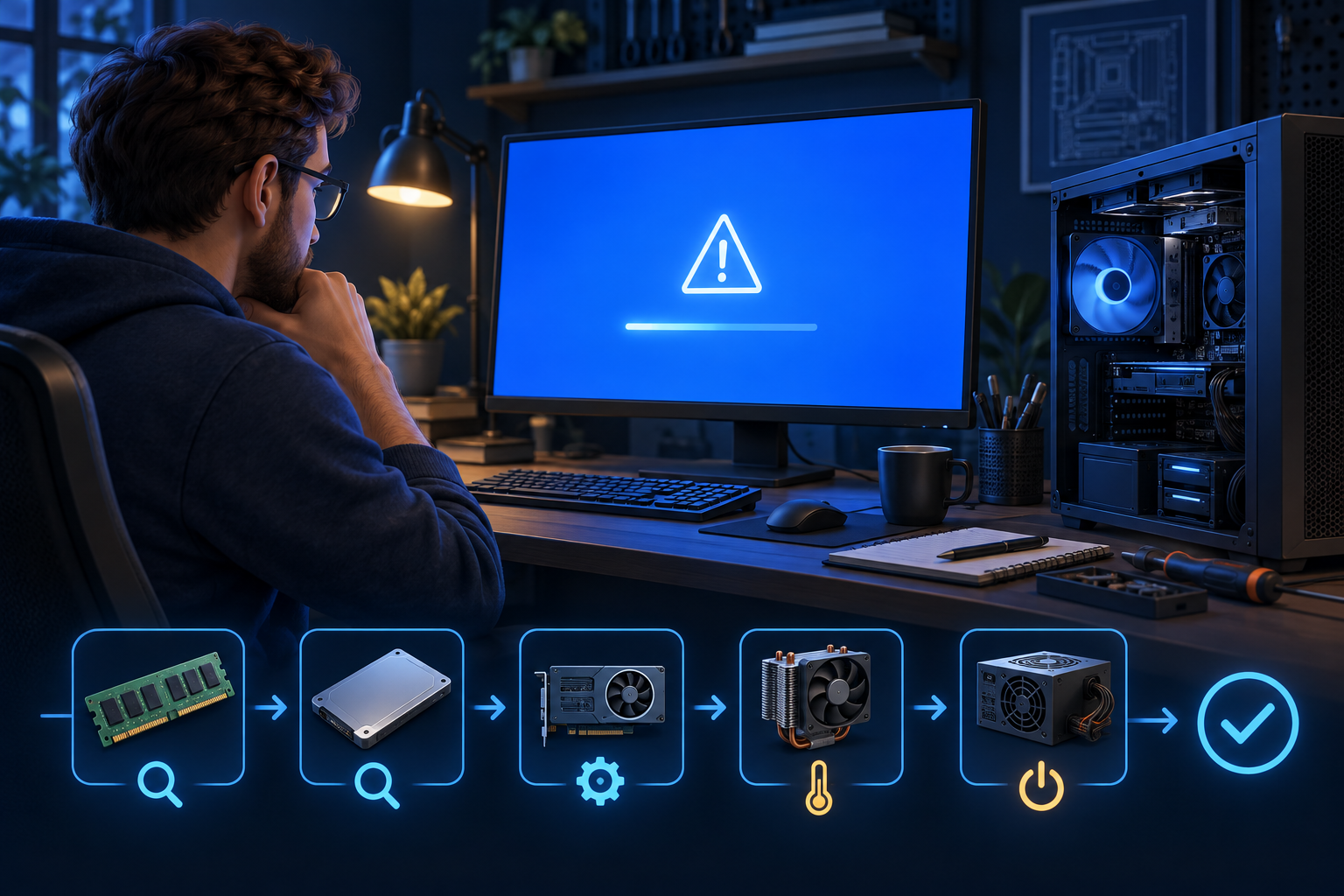 Editorial illustration of a technician investigating a blue screen crash