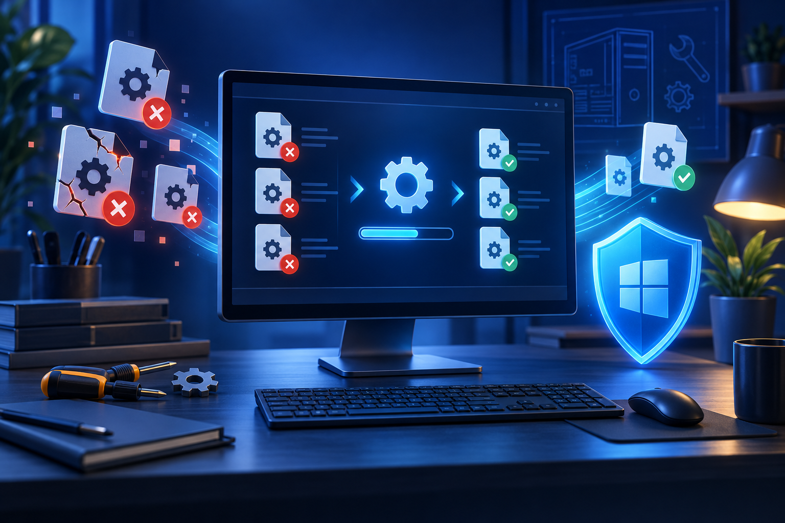 Editorial illustration of a computer diagnostic process resolving errors