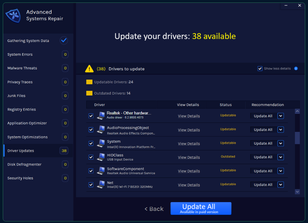 Advanced System Repair driver results showing a Realtek audio driver entry