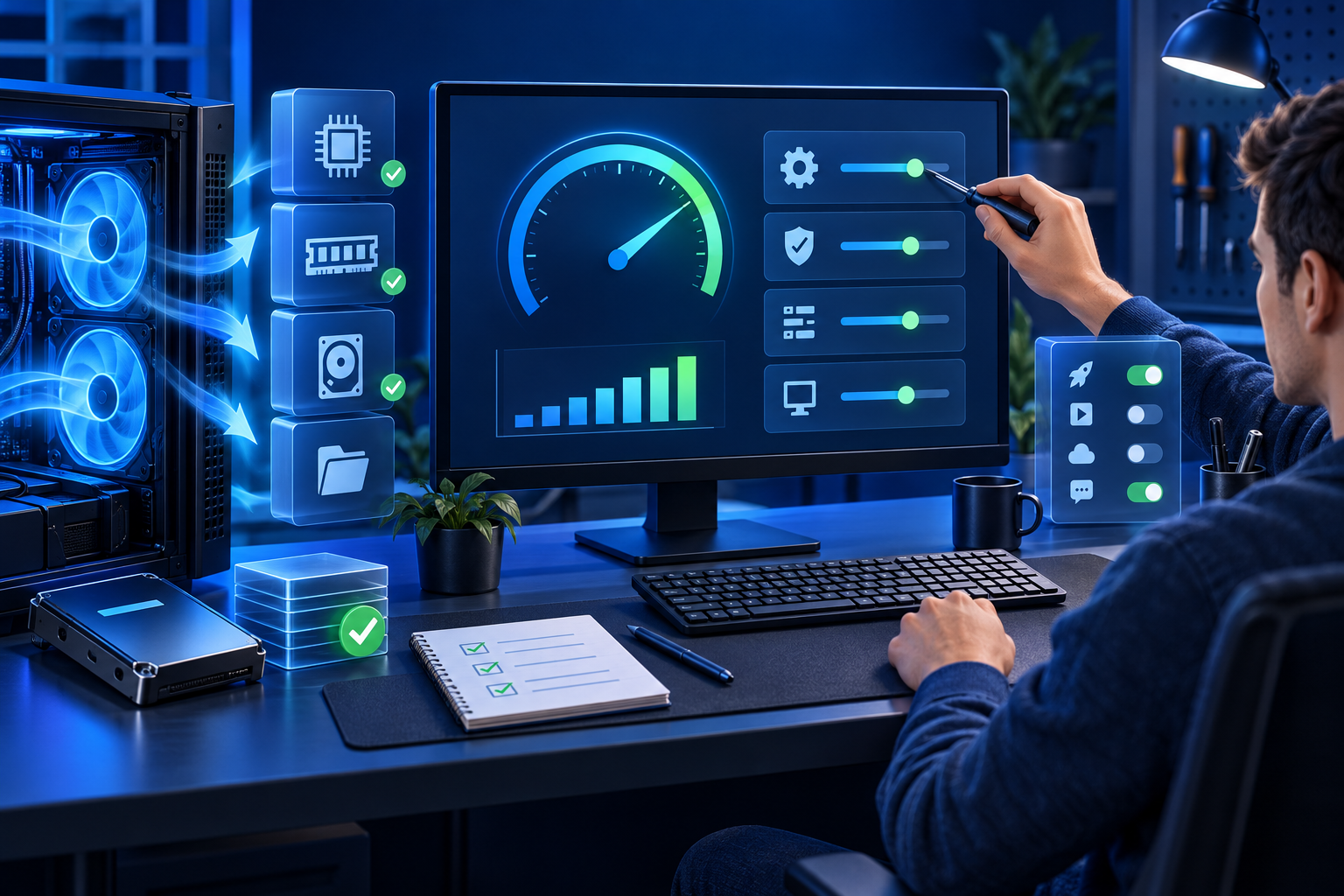 Editorial illustration of measured PC maintenance and performance tuning